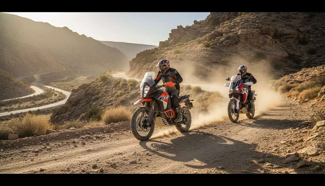  KTM 1390 Super Adventure y Honda Africa Twin 1100 enfrentadas en una comparativa off-road de motos de aventura robustas y potentes &mdash; Imagen generada por IA 