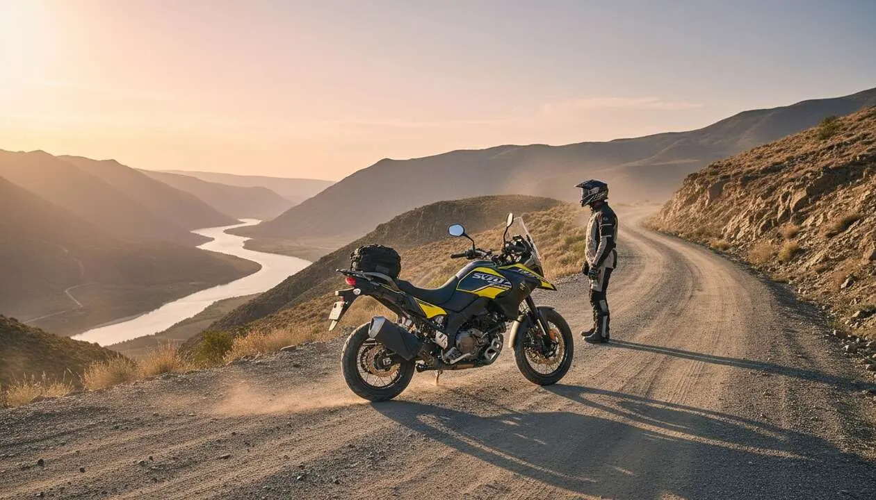  Suzuki V-Strom 800DE en acci&oacute;n destacando su dise&ntilde;o trail para aventuras todoterreno y rutas sin l&iacute;mites &mdash; Imagen generada por IA 