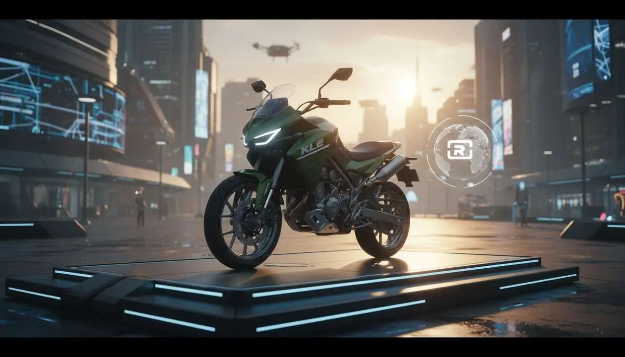  Kawasaki KLE 500 2026 en exhibici&oacute;n mostrando su dise&ntilde;o innovador y detalles del nuevo modelo de moto trail &mdash; Imagen generada por IA 