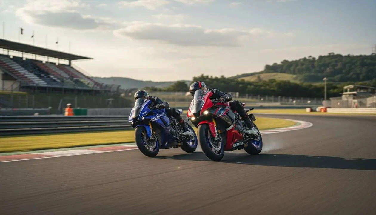  Honda CBR 1000RR vs Yamaha YZF R1 2026 enfrentamiento en pista de las mejores motos deportivas del a&ntilde;o &mdash; Imagen generada por IA 