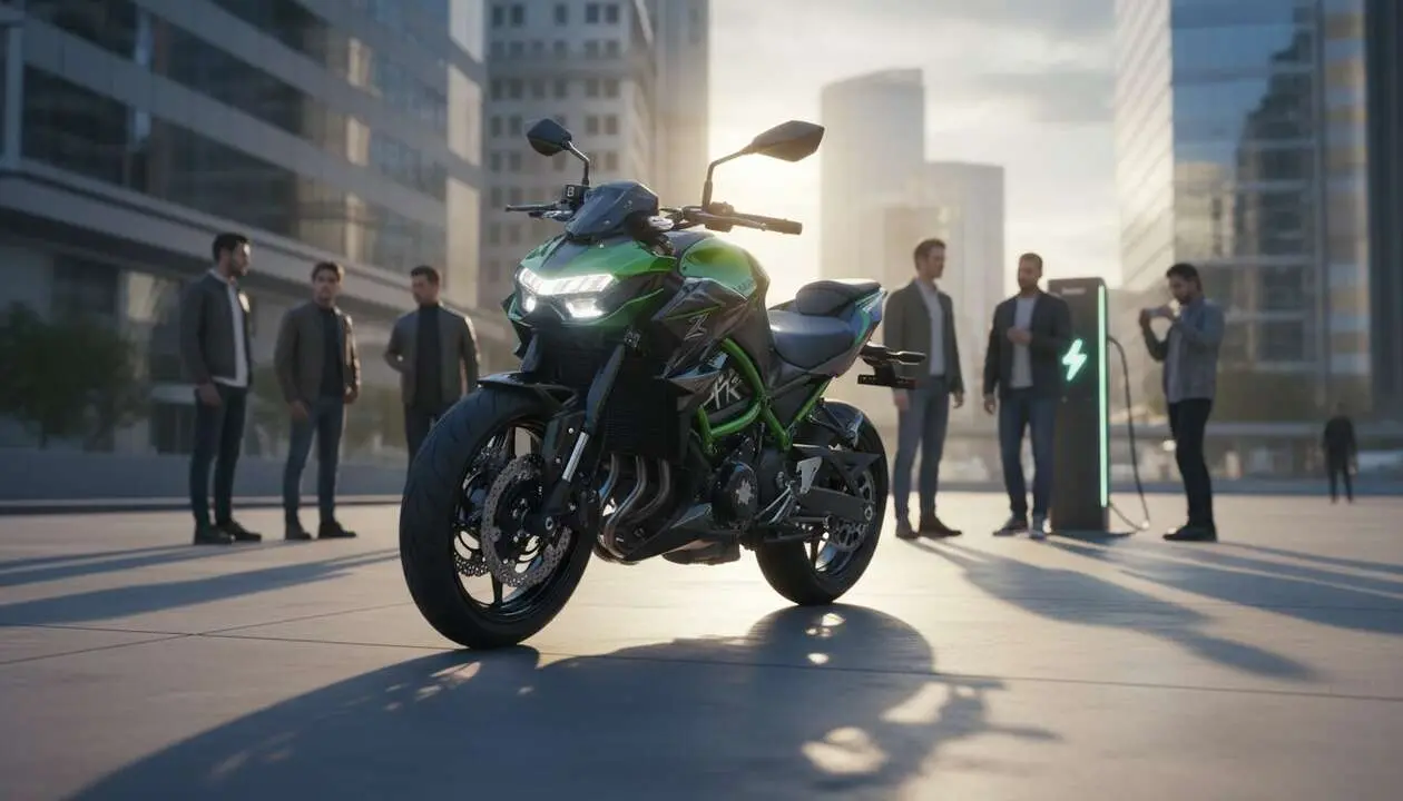  Kawasaki Z e-1 en acci&oacute;n mostrando su dise&ntilde;o innovador y potencia el&eacute;ctrica revolucionaria para motos urbanas &mdash; Imagen generada por IA 