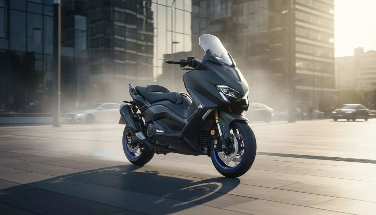  Yamaha TMAX Tech Max 2026 en primer plano mostrando su dise&ntilde;o innovador y potencia avanzada para scooter de alta gama &mdash; Imagen generada por IA 