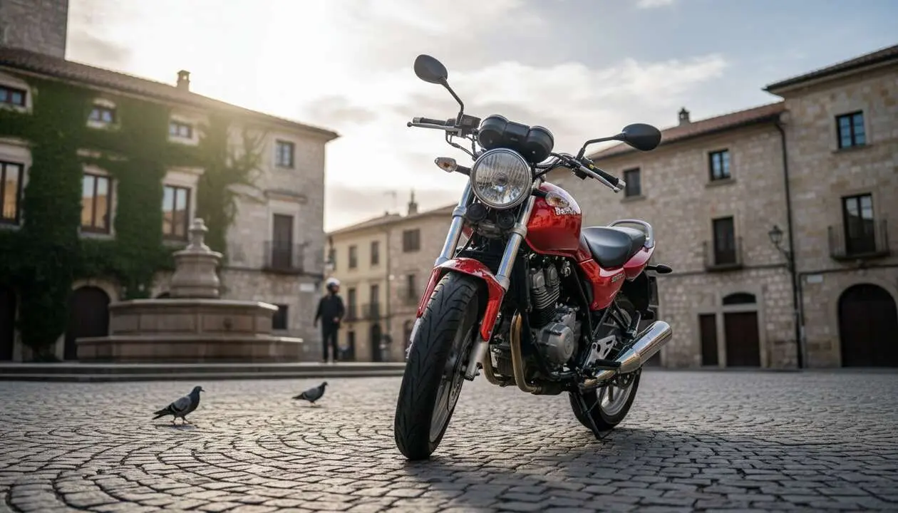  Benelli BKS 125 estacionada en carretera mostrando dise&ntilde;o y caracter&iacute;sticas antes de comprar la pr&oacute;xima moto &mdash; Imagen generada por IA 