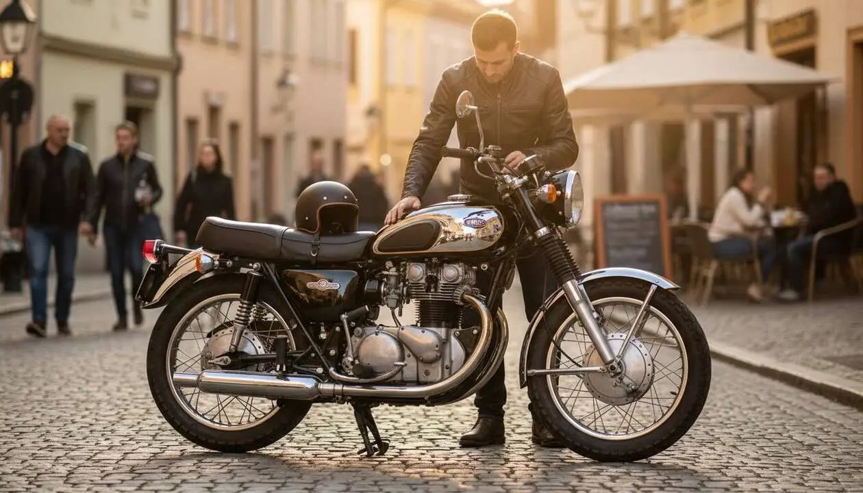  Kawasaki Meguro S1 moto cl&aacute;sica legendaria estacionada en carretera con paisaje natural de fondo &mdash; Imagen generada por IA 