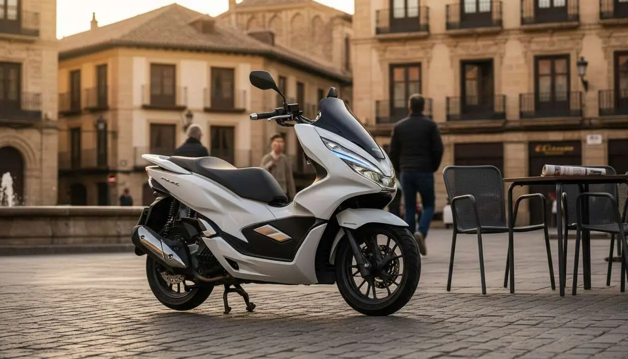 Honda PCX125 2026 en acci&oacute;n por calles espa&ntilde;olas mostrando su dise&ntilde;o moderno y eficiencia urbana &mdash; Imagen generada por IA 