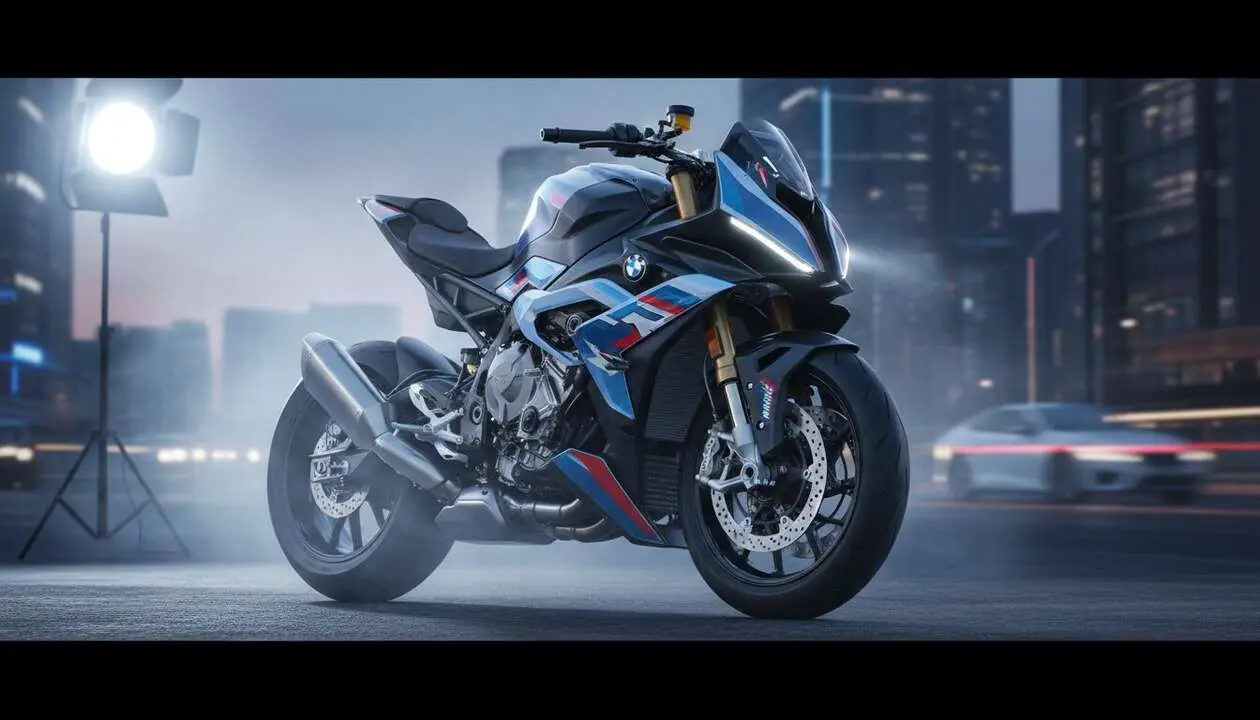  BMW M 1000 R 2027 vista lateral en carretera destacando su dise&ntilde;o y potencia en la nueva era de motos deportivas &mdash; Imagen generada por IA 