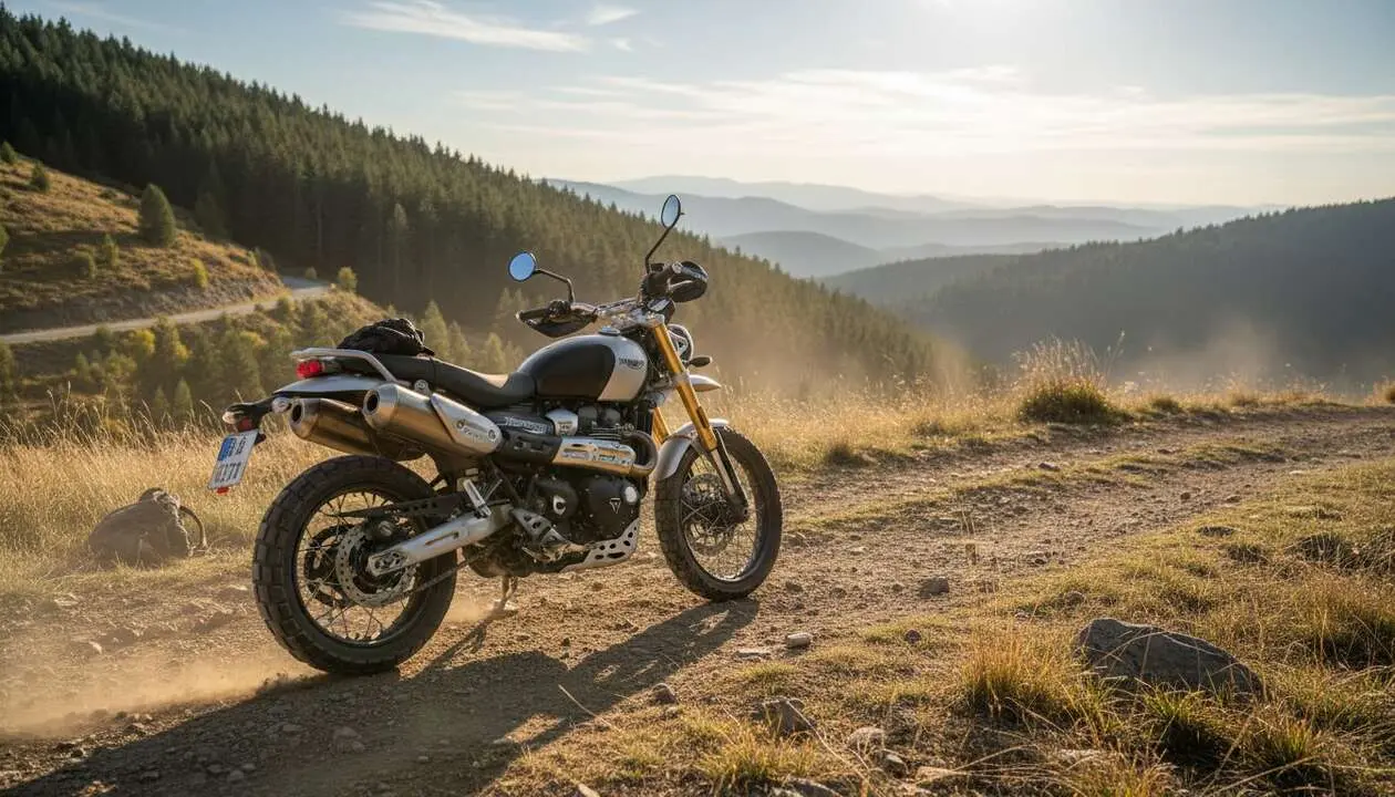  Triumph Scrambler 400 X en carretera mostrando su dise&ntilde;o y estilo aventurero desde 6.345 euros &mdash; Imagen generada por IA 