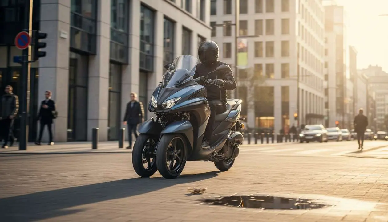  Yamaha Tricity 300 en movimiento por la ciudad mostrando su dise&ntilde;o moderno y funcionalidad para la movilidad urbana &mdash; Imagen generada por IA 