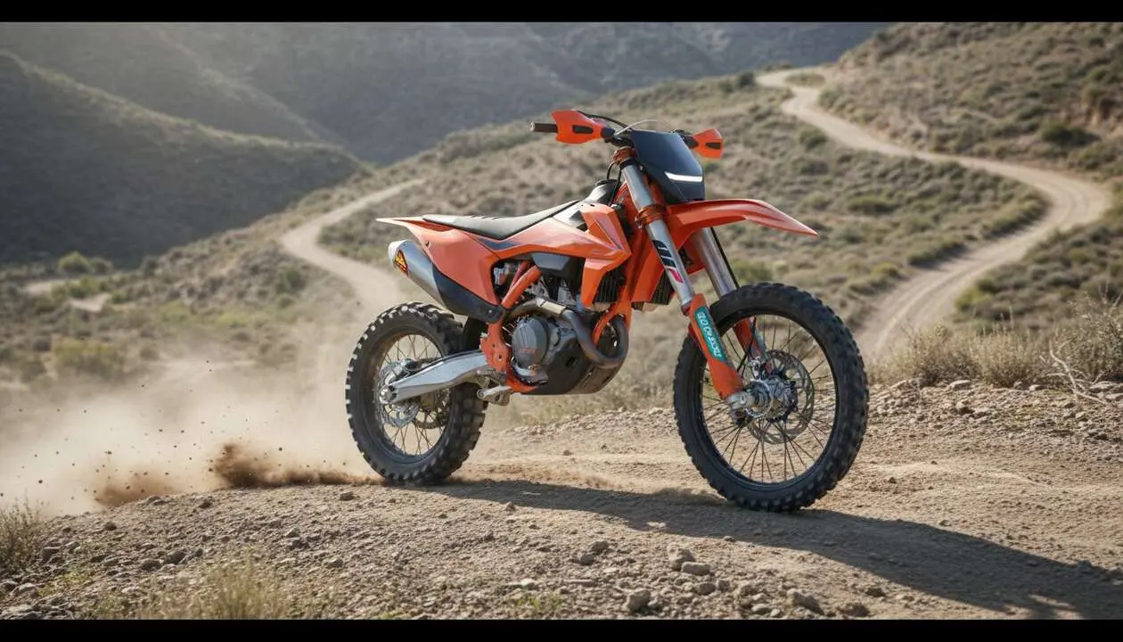  KTM 250 EXC-F 2027 en acci&oacute;n mostrando sus nuevas caracter&iacute;sticas para una experiencia off-road mejorada &mdash; Imagen generada por IA 