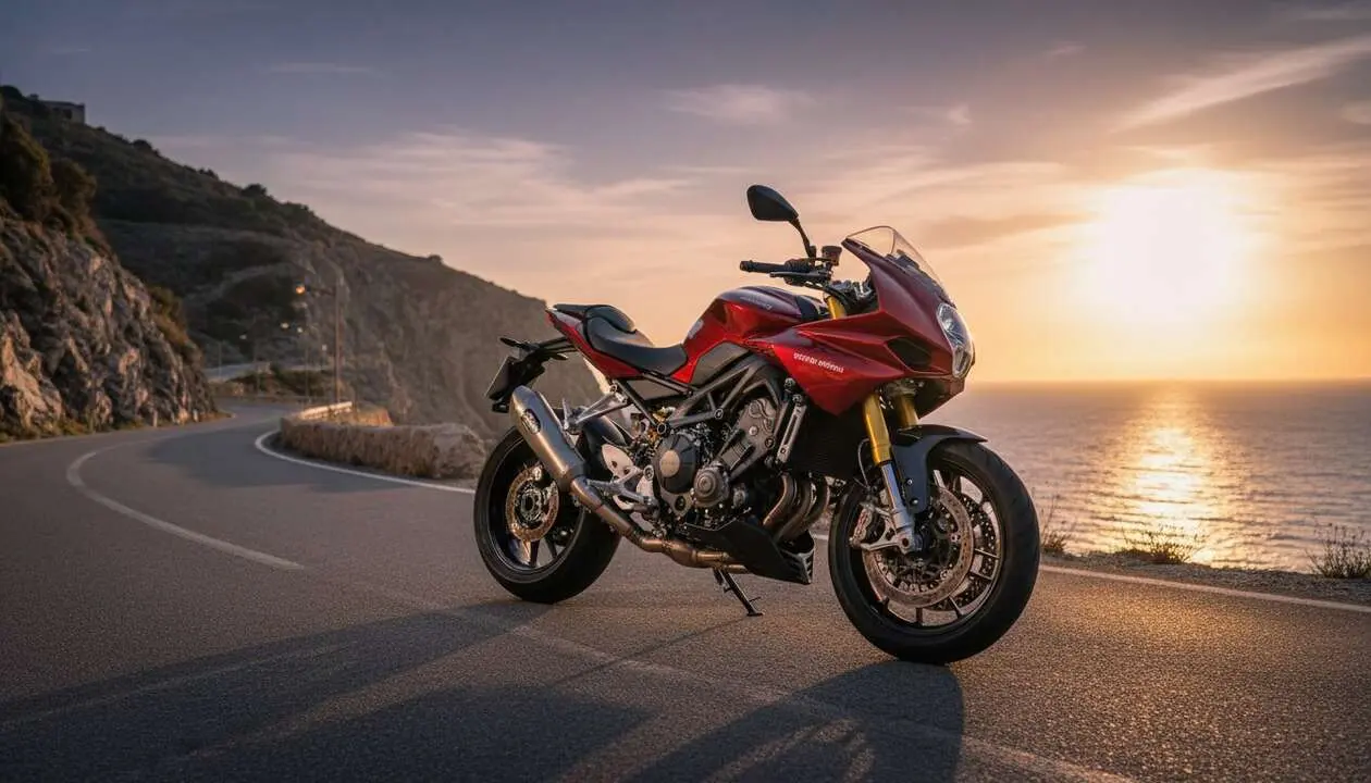  Moto Morini Corsaro Sport 2026 vista lateral en carretera mostrando dise&ntilde;o deportivo y tecnolog&iacute;a avanzada italiana &mdash; Imagen generada por IA 