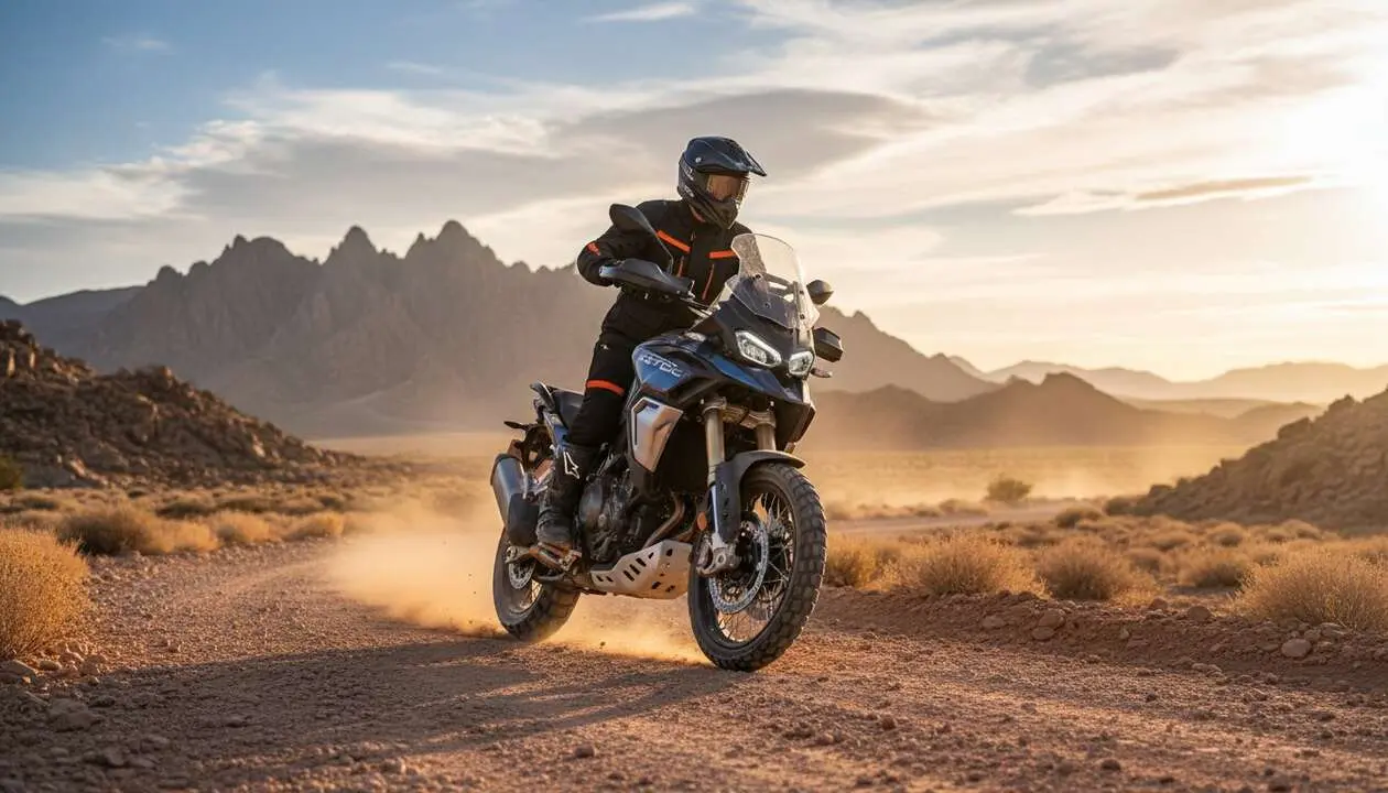 CFMOTO 800MT-ES en acci&oacute;n mostrando su dise&ntilde;o innovador y rendimiento excepcional como moto trail moderna &mdash; Imagen generada por IA 
