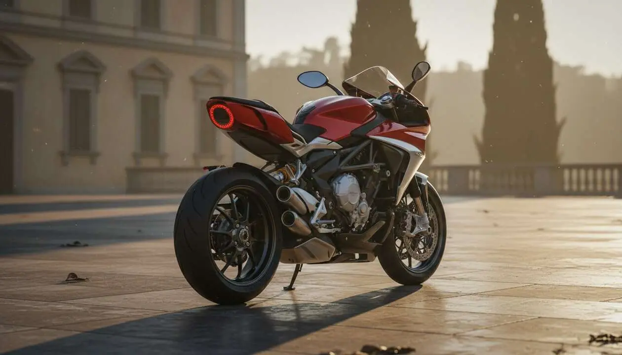  Vista lateral de la motocicleta MV Agusta Superveloce mostrando su dise&ntilde;o elegante y potencia italiana en carretera &mdash; Imagen generada por IA 