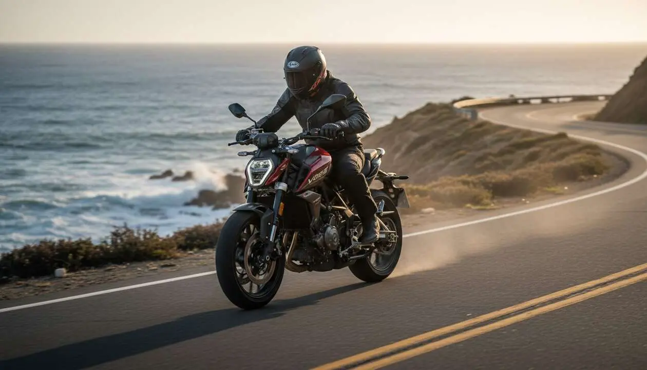  Vista lateral de la moto Voge 625R en carretera mostrando su dise&ntilde;o deportivo y m&aacute;xima diversi&oacute;n al conducir &mdash; Imagen generada por IA 
