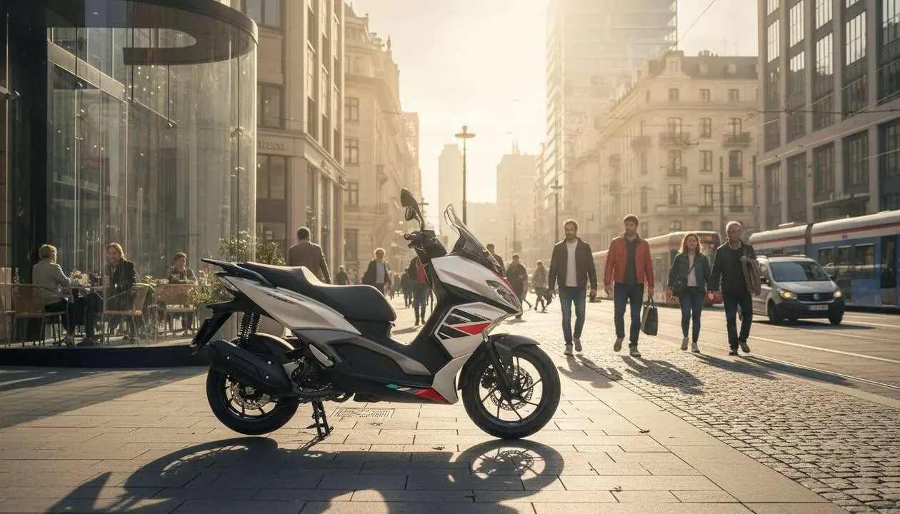  Aprilia SXR 160 en ciudad con dise&ntilde;o moderno y rendimiento eficiente para movilidad urbana diaria &mdash; Imagen generada por IA 