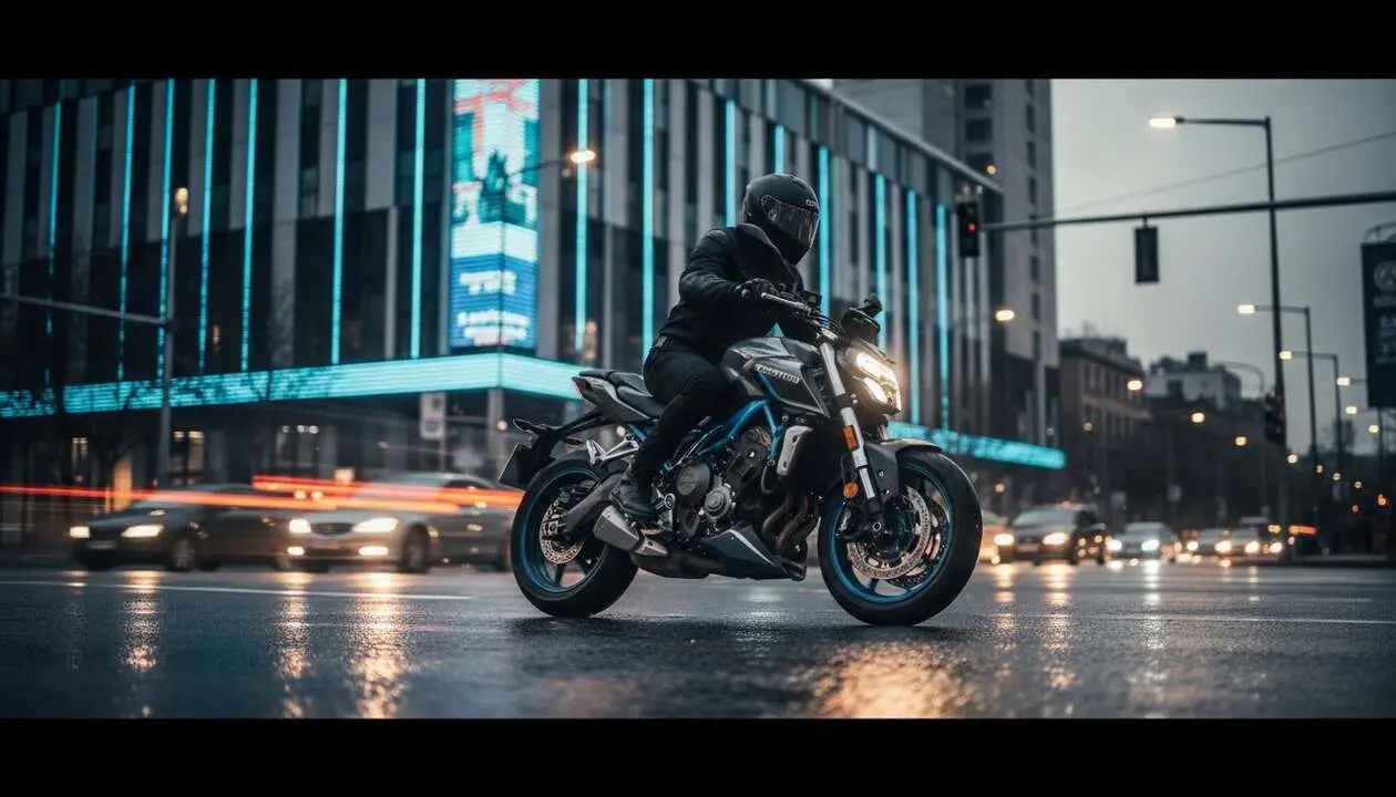  Vista lateral de la motocicleta CFMOTO 800NK destacando su dise&ntilde;o moderno y rendimiento superior en carretera - Imagen generada por IA 