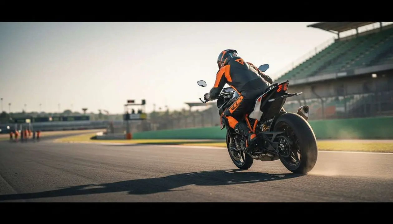  KTM 1390 Super Duke RR TRACK en pista mostrando su potencia y dise&ntilde;o agresivo disponible desde 42.999 euros - Imagen generada por IA 
