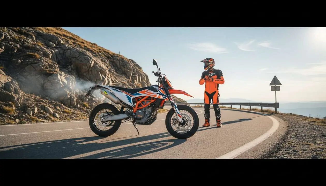  Nueva KTM 390 SMC R 2026 destacada en carretera, ideal para conductores con carnet A2 buscando motocicleta potente y ligera - Imagen generada por IA 
