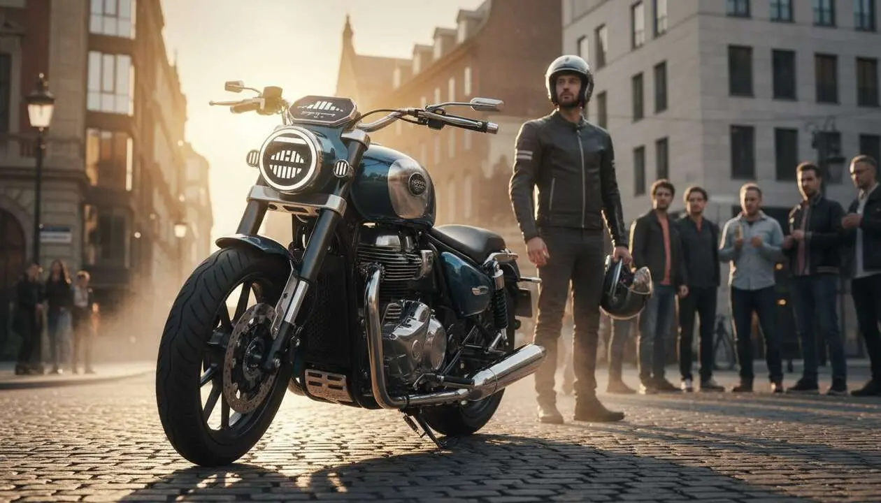  Royal Enfield Meteor 350 2027 destacada en carretera mostrando dise&ntilde;o y tecnolog&iacute;a innovadora para motoristas modernos - Imagen generada por IA 