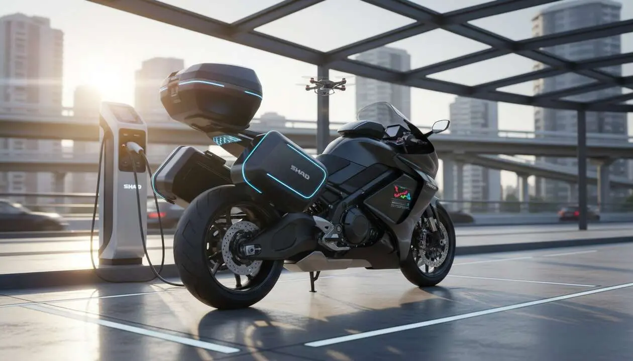  Maletas inteligentes SHAD para motos con dise&ntilde;o innovador y tecnolog&iacute;a avanzada ideal para viajeros urbanos - Imagen generada por IA 