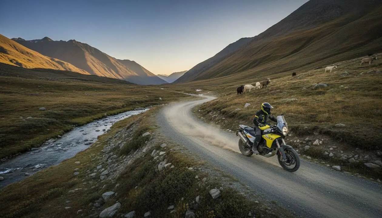  Husqvarna Norden 901 Expedition en terreno de aventura mostrando su dise&ntilde;o robusto y caracter&iacute;sticas ideales para viajes largos - Imagen generada por IA 