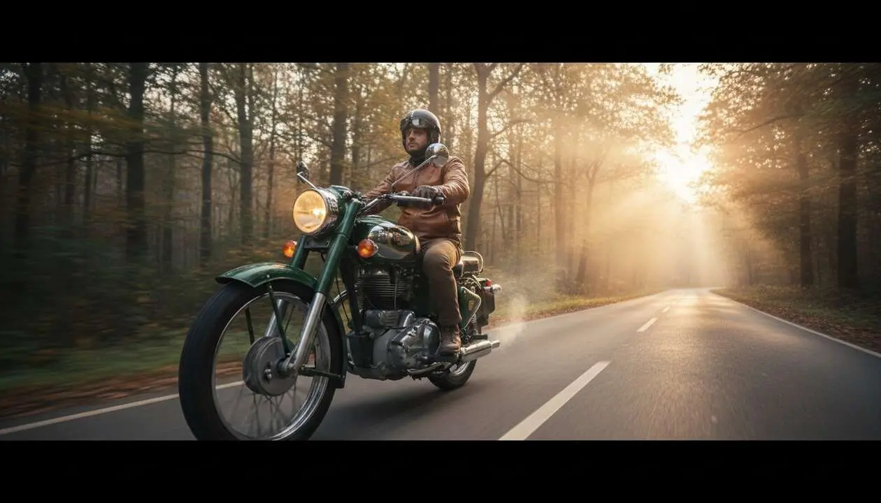  Royal Enfield Bullet cl&aacute;sica en carretera destacando su dise&ntilde;o ic&oacute;nico y rendimiento en motos modernas - Imagen generada por IA 