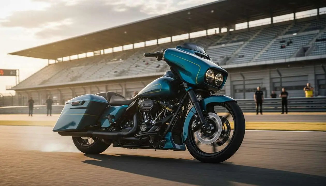  Harley-Davidson Bagger de m&aacute;s de 200 CV en MotorLand mostrando su potencia y dise&ntilde;o revolucionario - Imagen generada por IA 