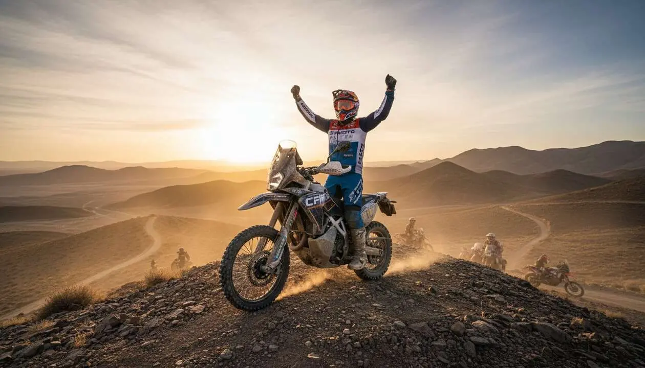  Mario Rom&aacute;n celebrando su sorprendente victoria en la competici&oacute;n con la moto CFMOTO 450MT roja - Imagen generada por IA 