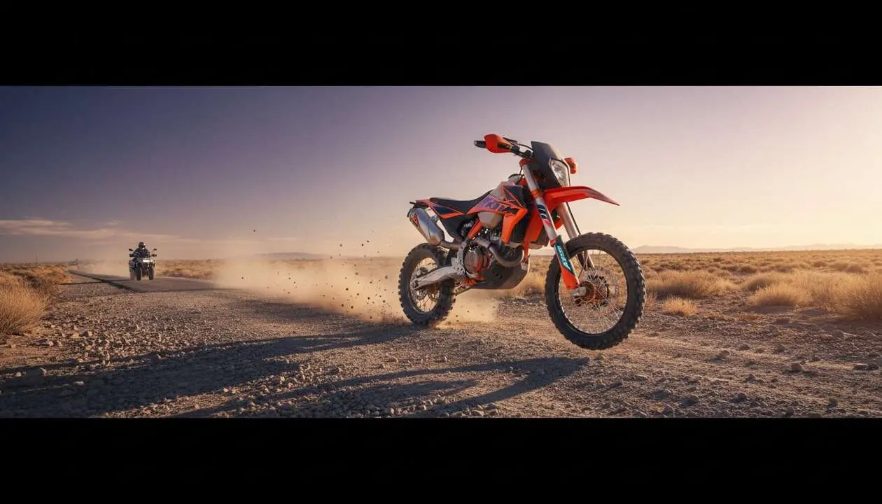  KTM 510 cc Enduro en acci&oacute;n mostrando su potencia y dise&ntilde;o para desafiar a BMW y Suzuki en terrenos dif&iacute;ciles - Imagen generada por IA 