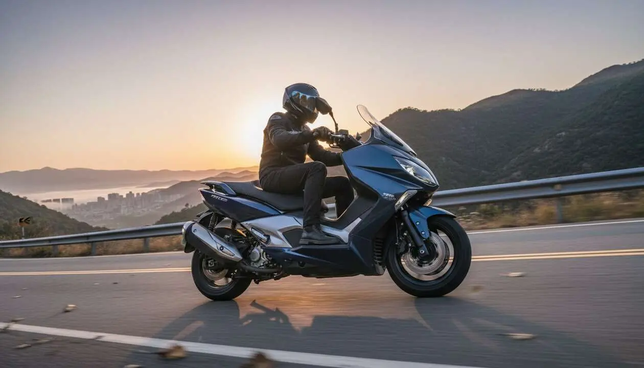  Kymco AK 550 destacado en primer plano mostrando su dise&ntilde;o elegante y potencia en scooters el&eacute;ctricos de lujo - Imagen generada por IA 