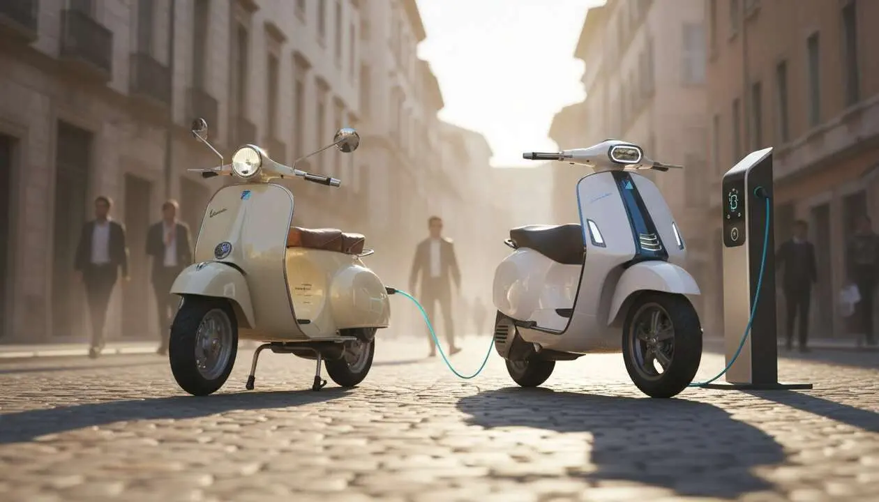 Vespa evoluci&oacute;n de la scooter cl&aacute;sica a la moderna moto el&eacute;ctrica en un dise&ntilde;o innovador y sostenible - Imagen generada por IA 