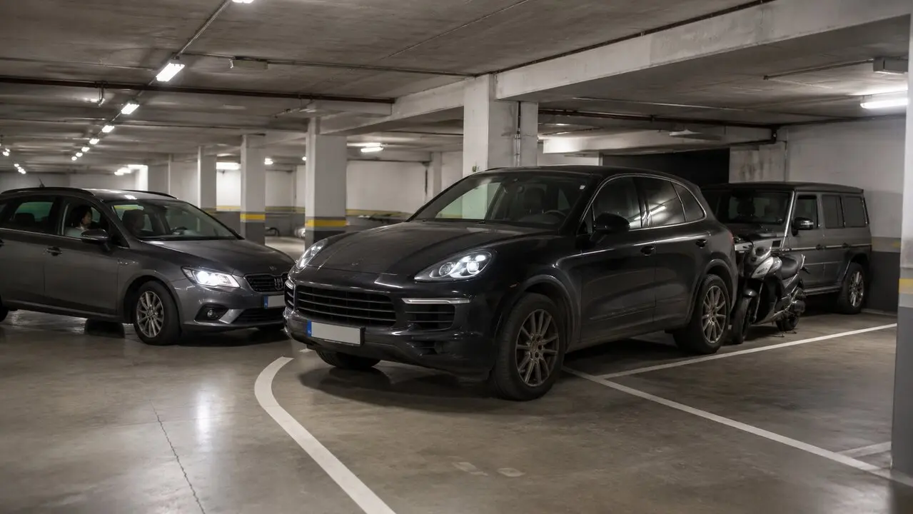 El Porsche, la moto y el otro coche en el parking