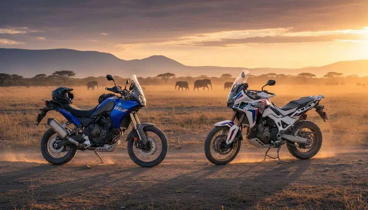  Yamaha T&eacute;n&eacute;r&eacute; 900 en acci&oacute;n mostrando su motor CP3 para aventuras off-road frente a la Honda Africa Twin - Imagen generada por IA 