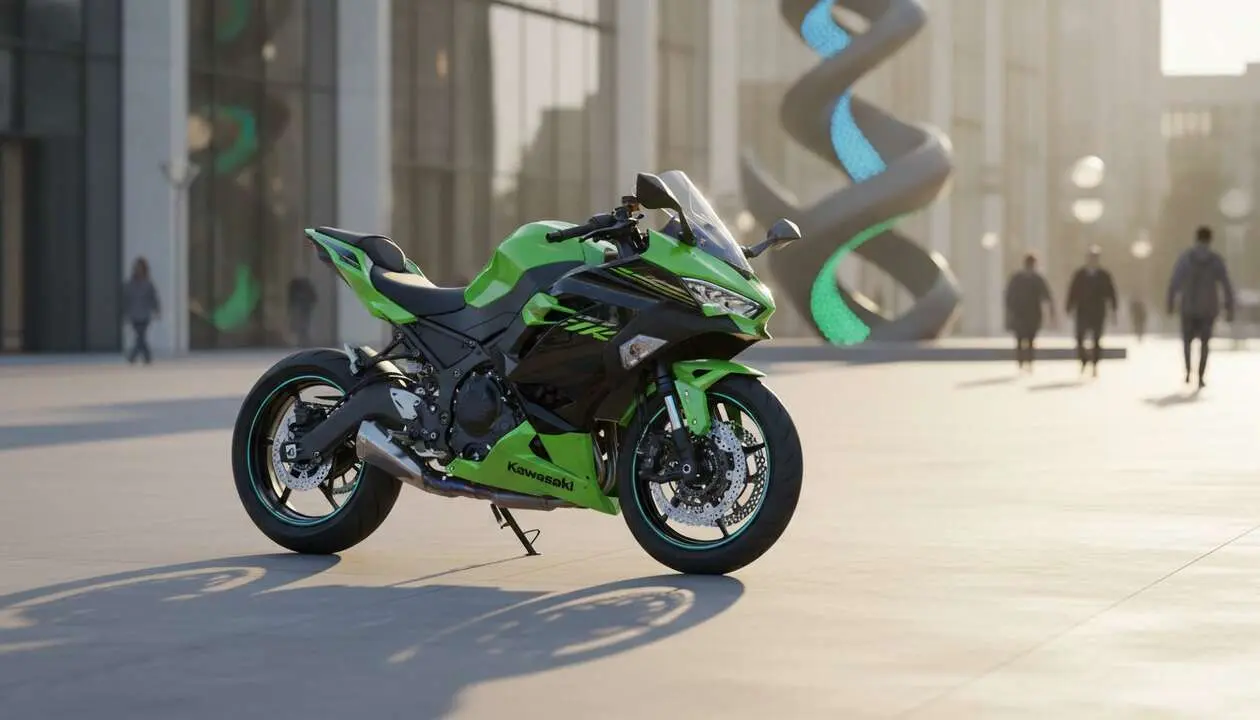  Kawasaki Ninja el&eacute;ctrica 2027 mostrando dise&ntilde;o sin cambios y caracter&iacute;sticas principales actualizadas - Imagen generada por IA 