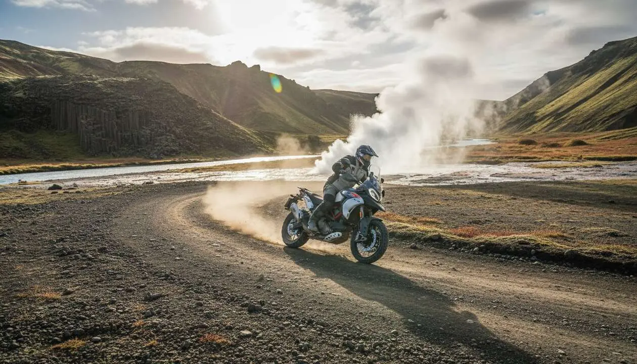  Ducati DesertX V2 superando una dura prueba de 1.500 km en terrenos extremos de Islandia - Imagen generada por IA 