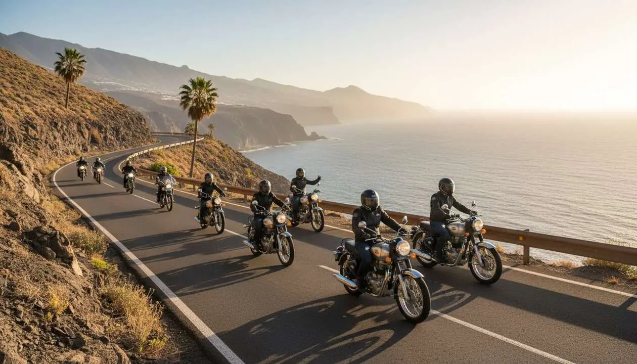  Motociclistas celebran el evento Royal Enfield One Ride 2026 en las carreteras panor&aacute;micas de Gran Canaria - Imagen generada por IA 