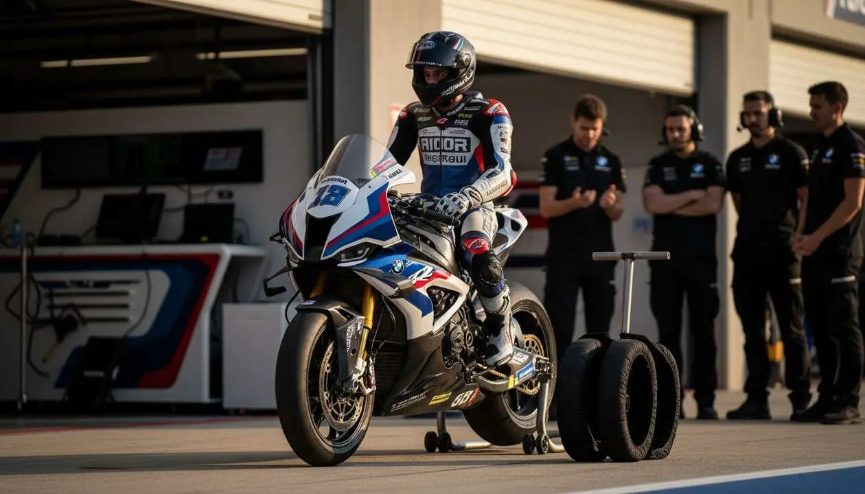  Miguel Oliveira celebrando la renovaci&oacute;n con BMW para el Mundial de Superbike 2027 con la moto oficial en competici&oacute;n - Imagen generada por IA 