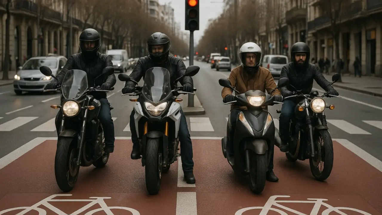 Motos esperando en el carril bici