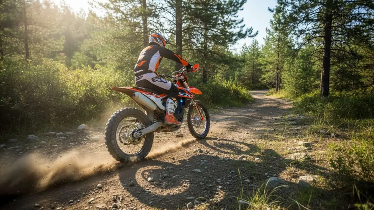  KTM Freeride E en acci&oacute;n mostrando su potencia y dise&ntilde;o eco-sostenible para motociclistas conscientes &mdash; Imagen generada por IA 