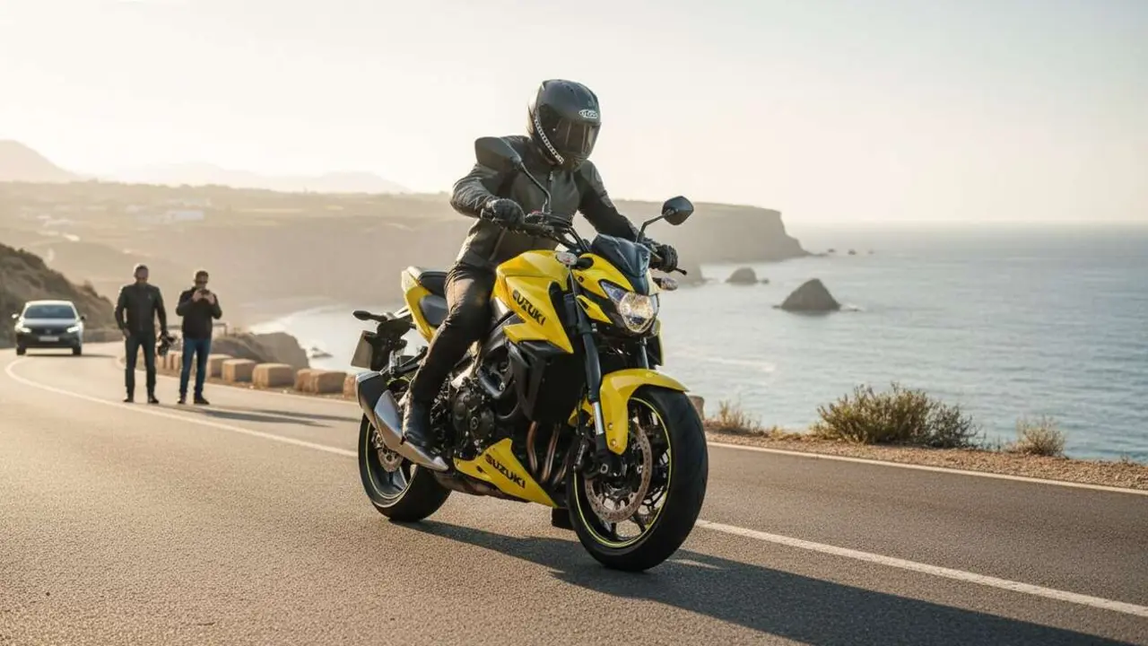  Suzuki GSX-8S en color amarillo ib&eacute;rica mostrando su dise&ntilde;o deportivo y moderno disponible en Espa&ntilde;a &mdash; Imagen generada por IA 