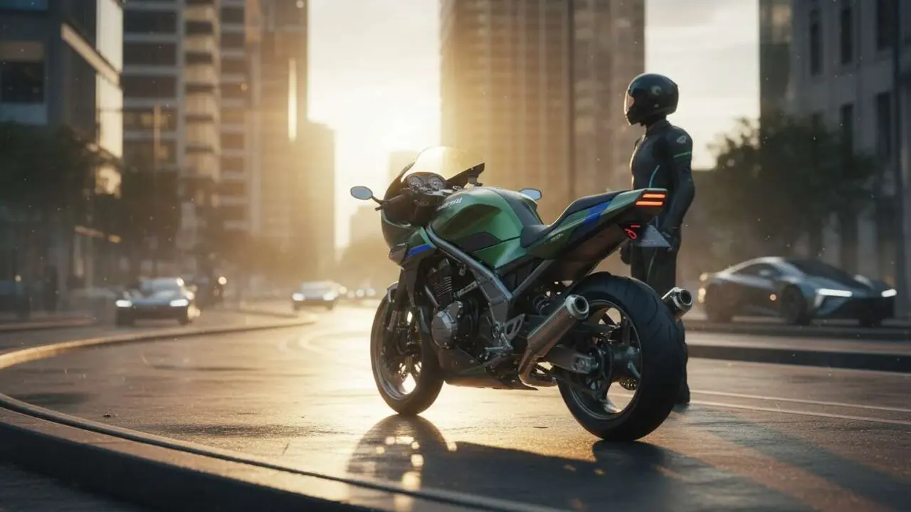  Kawasaki Zephyr 550 2026 destacada en carretera urbana mostrando el dise&ntilde;o cl&aacute;sico y moderno de la moto RACER &mdash; Imagen generada por IA 
