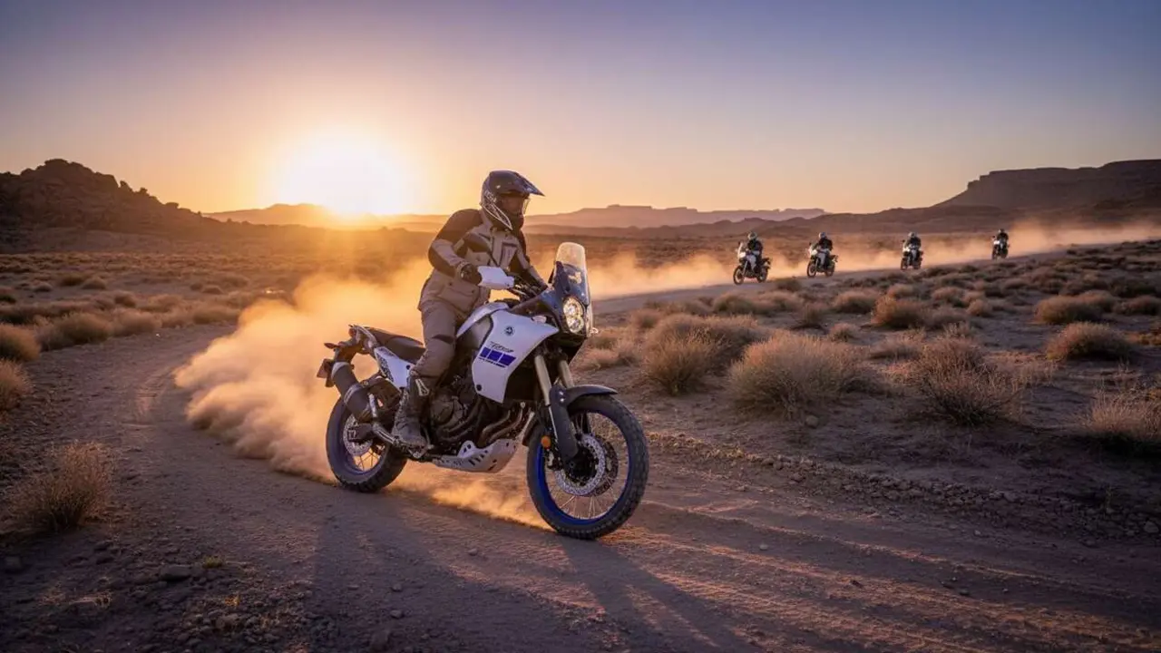  Nueva Yamaha T&eacute;n&eacute;r&eacute; destacada en terreno dif&iacute;cil demostrando que la potencia no es todo para triunfar en aventuras off-road &mdash; Imagen generada por IA 