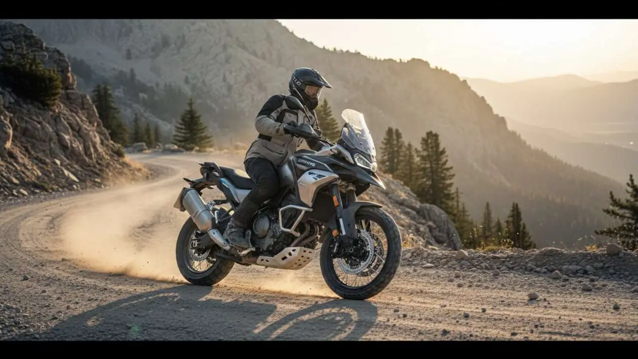  CFMOTO 800MT en carretera disfrutando de un paisaje natural para rutas exigentes y aventuras en moto &mdash; Imagen generada por IA 