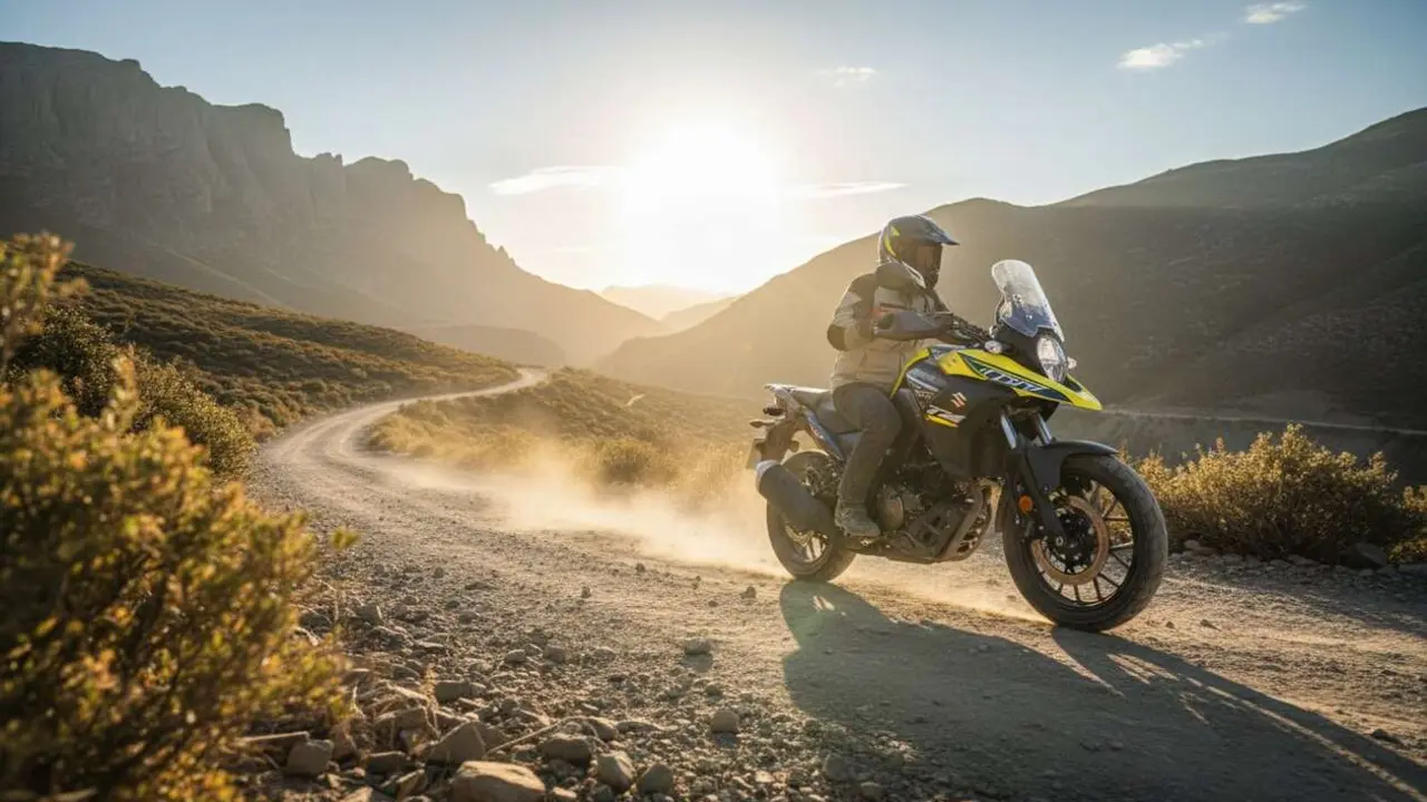  Suzuki V-Strom 250SX 2026 en acci&oacute;n, la moto trail asequible ideal para conductores con carnet A2 &mdash; Imagen generada por IA 