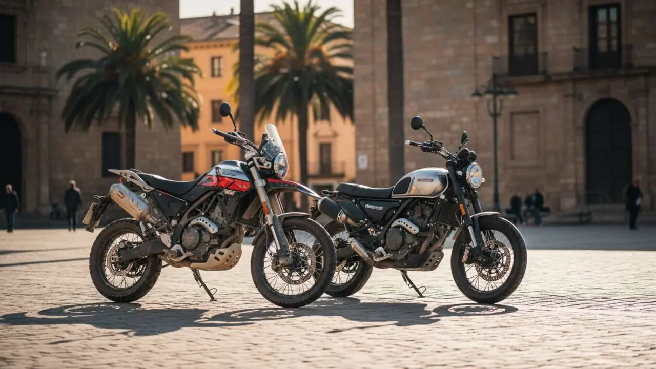  Motocicleta Macbor destacada en paisaje urbano y trail mostrando innovaci&oacute;n y versatilidad para todo tipo de terreno &mdash; Imagen generada por IA 