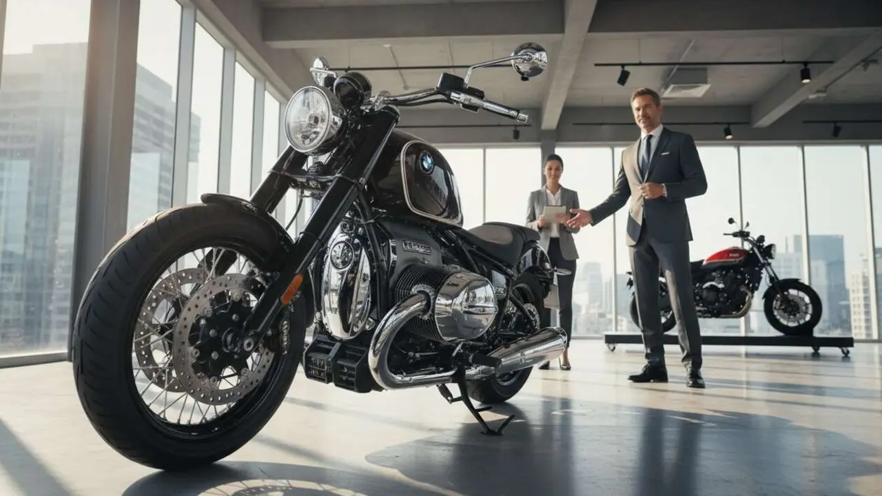  BMW R18 vista detallada en primer plano mostrando dise&ntilde;o exclusivo y avances tecnol&oacute;gicos para competir con Yamaha &mdash; Imagen generada por IA 