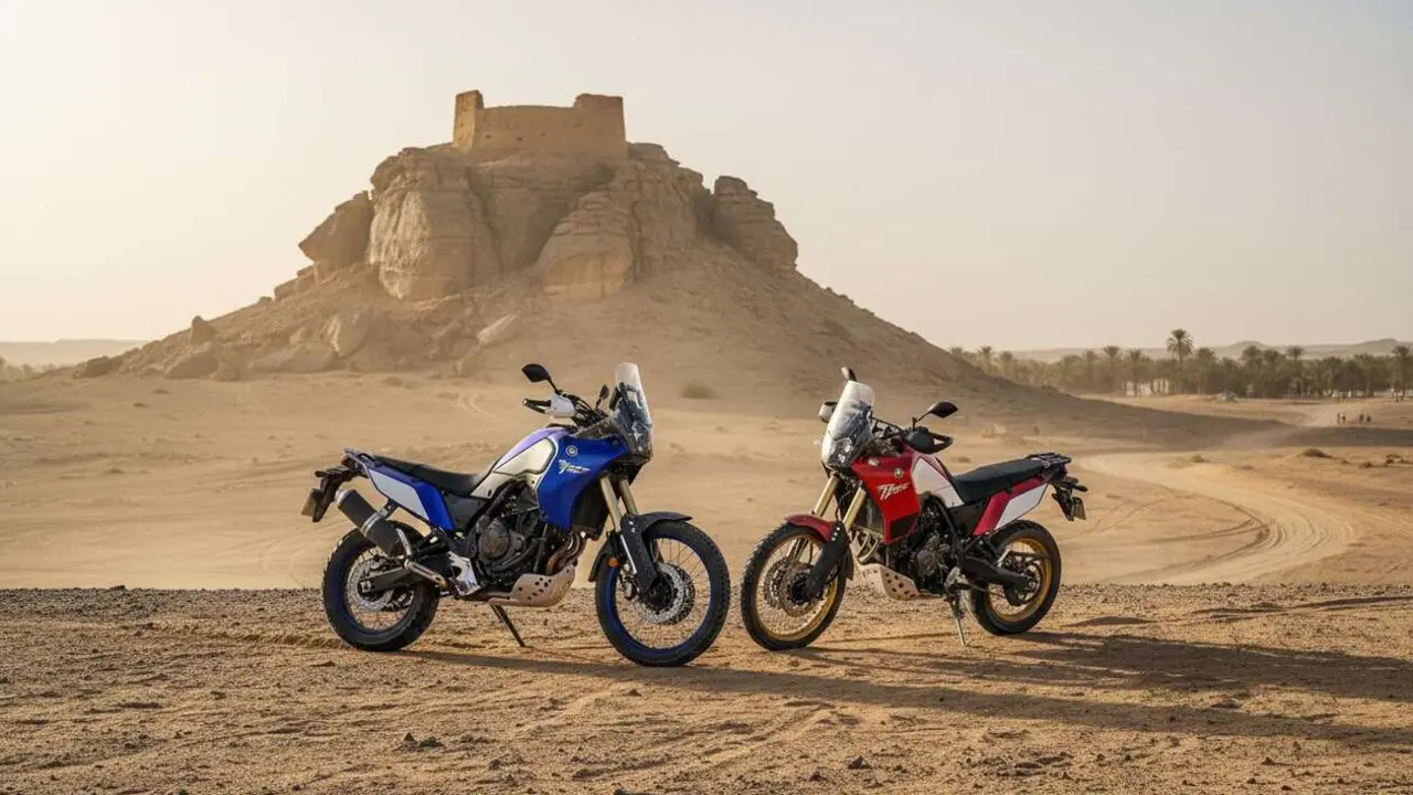  Yamaha T&eacute;n&eacute;r&eacute; en acci&oacute;n mostrando su dise&ntilde;o ic&oacute;nico y robusto que celebra 43 a&ntilde;os de historia sobre dos ruedas &mdash; Imagen generada por IA 