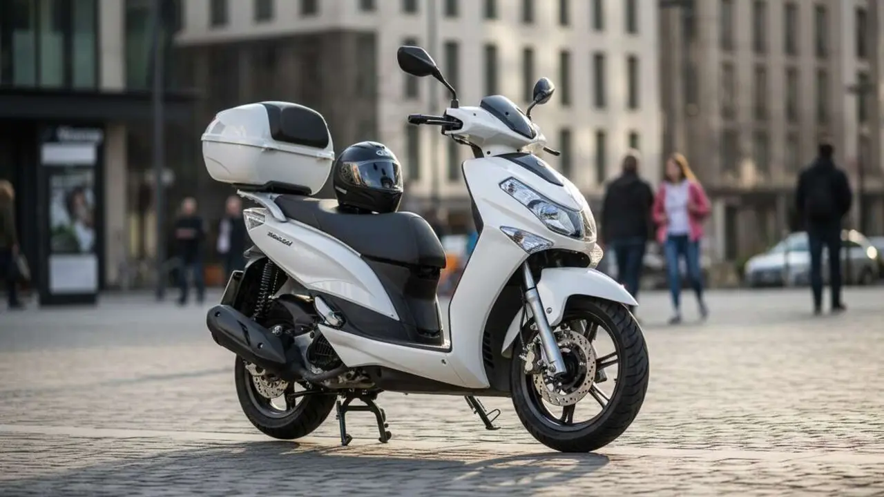  SYM Symphony SR 125 2026 destacada en carretera con ABS y top case para una conducci&oacute;n segura y c&oacute;moda &mdash; Imagen generada por IA 