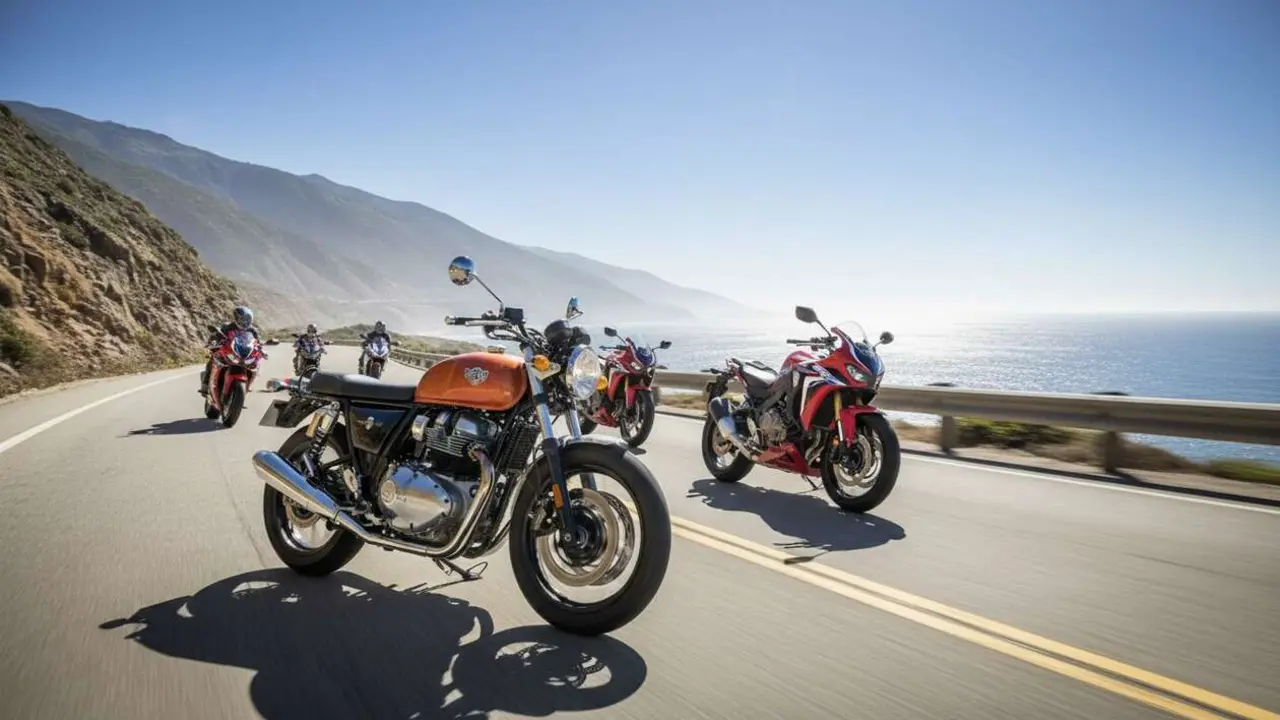  Motocicleta Royal Enfield en carretera abierta simbolizando la competencia con Honda por el liderazgo mundial en motos &mdash; Imagen generada por IA 