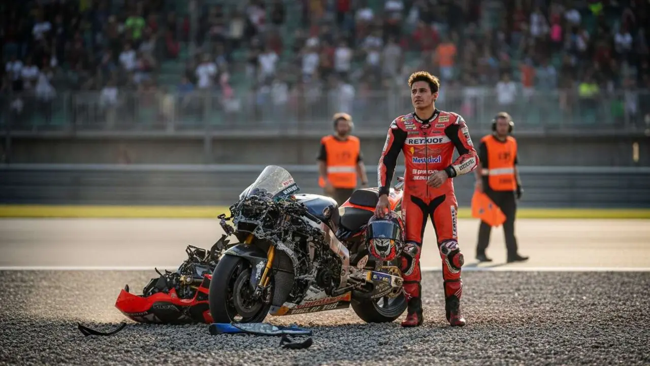  Marc M&aacute;rquez tras la ca&iacute;da en el sprint de Le Mans y las consecuencias para su futuro deportivo &mdash; Imagen generada por IA 