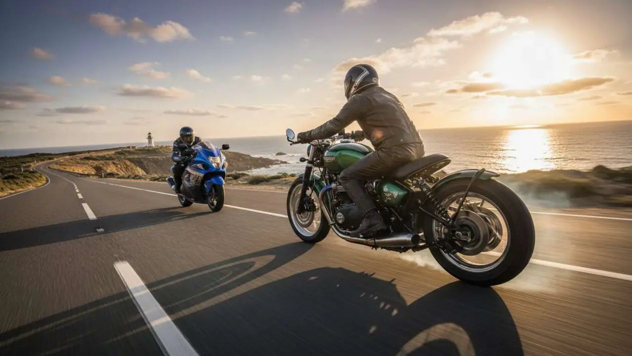  Triumph Bobber acelerando en carretera abierta demostrando su potencia frente a una Suzuki Hayabusa &mdash; Imagen generada por IA 
